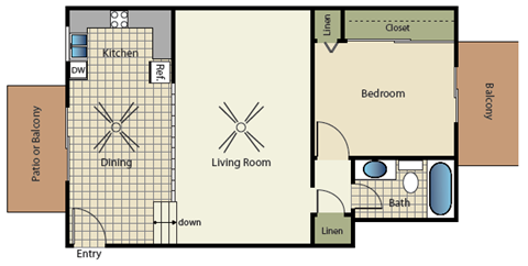 Floor plan for 1 bed, 1 bath, 725 sqft